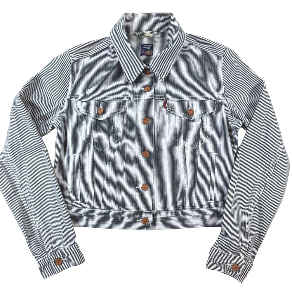 Levis Railroad Stripe Trucker Jacket Women LG Blue Denim Hickory Cropped Red Tab